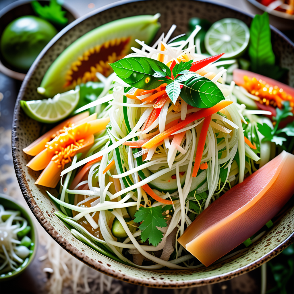 Salade de papaye verte pilée au mortier, Som Tum